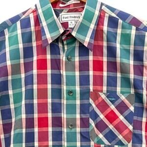 Paul Fredrick Vintage Red Blue Plaid Button Up Dress Shirt Men 16 34/35